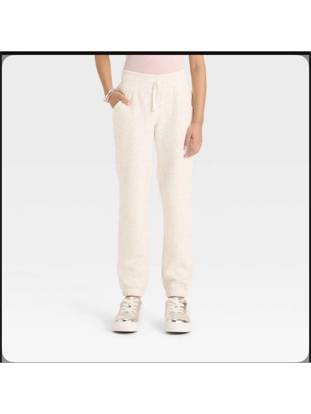Girls' Fleece Speckled Joggers- Cat & Jack Vanilla Cupcake Large 10/12 NWT